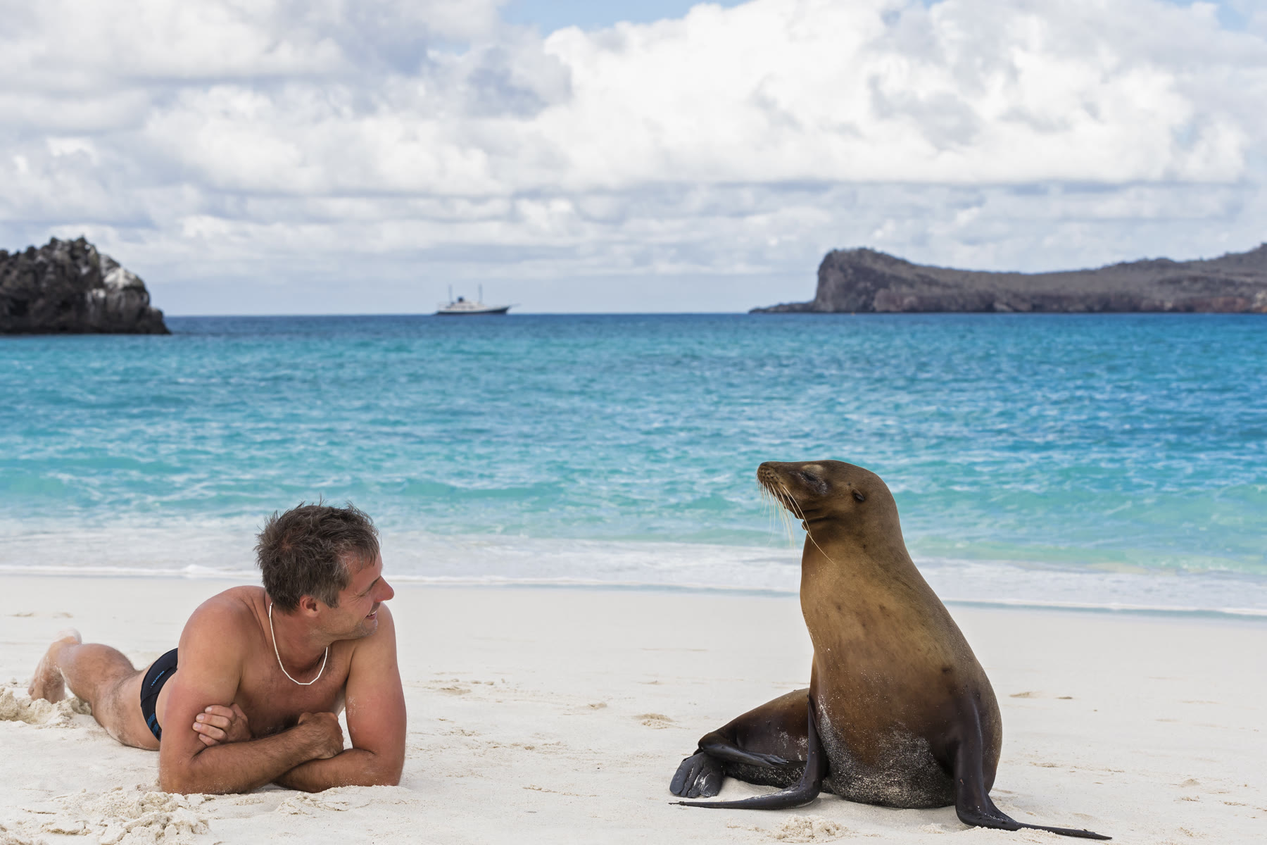 Traveler observing a Galapagos sea lion on a white-sand beach