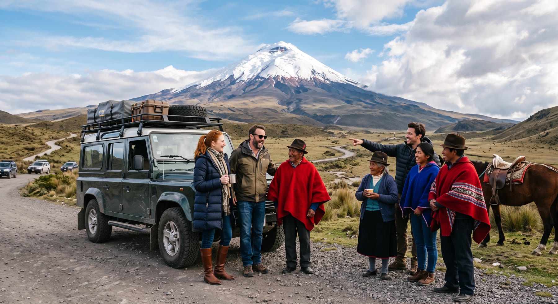 Travelers meeting an Andean community beneath Cotopaxi volcano
